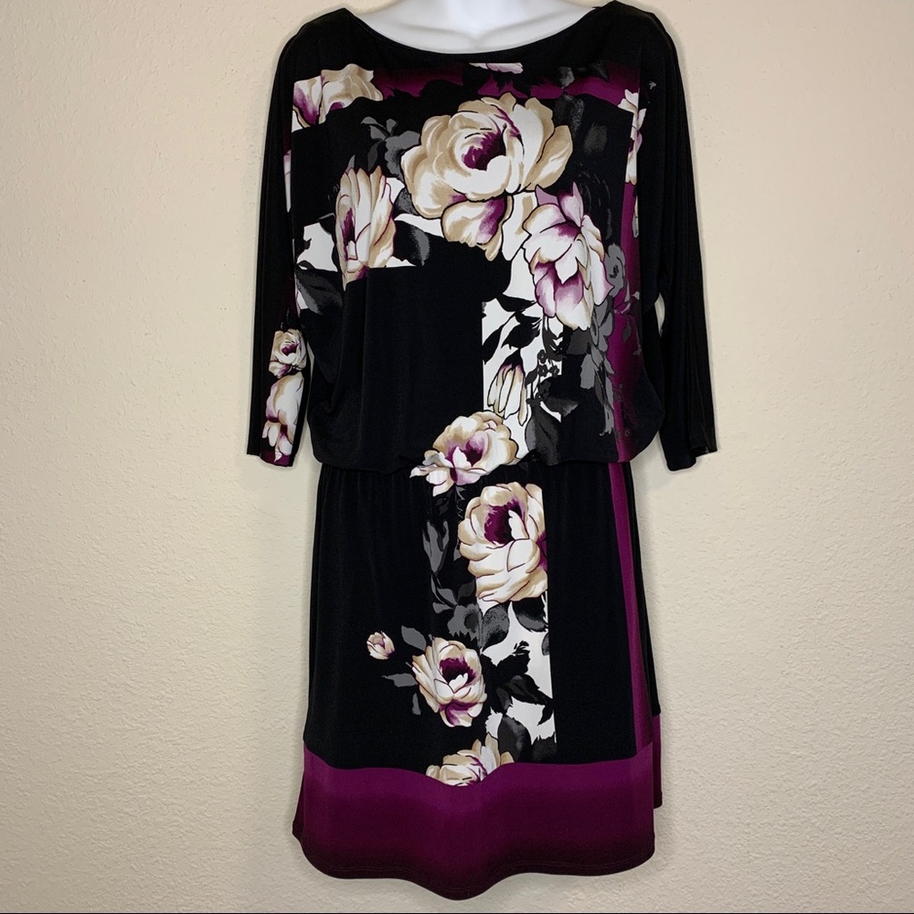 WHBM | Black & Purple Floral Blouson Dress Small